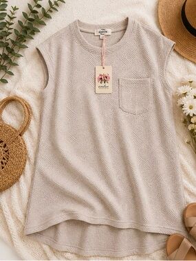 Entro 1X NWT Textured Shift Dress Neutral Taupe High-Low Pocket Stretchy